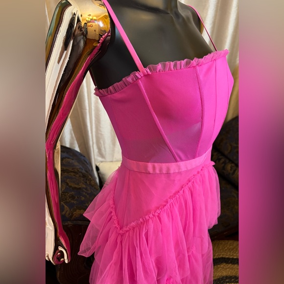 New Betsy & Adam Tiered Tulle Ruffle Corset Gown Dress Size 4 Hot Pink Mesh - Picture 2 of 11